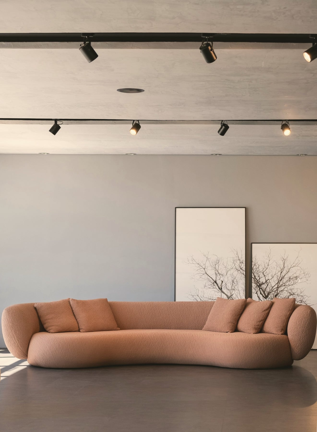 Showroom épuré : canapé courbe terracotta sous rail de spots